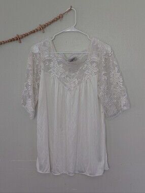Vintage La Notte Bridal Bachelorette White Lace Sleeves Silky Slip Mini Dress M